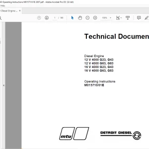 MTU Diesel Engine 12 V 4000 G23 G43 12 V 4000 G63 G83 16 V 4000 G23 G43 16 V 4000 G63 G83 Operation Instructions Manual M015710-01E PDF DOWNLOAD