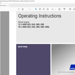 MTU Diesel Engine 12 V 4000 G23 G43 G63 G83 16 V 4000 G23 G43 G63 G83 G83L Operating Instructions Manual  M015710-04E PDF DOWNLOAD