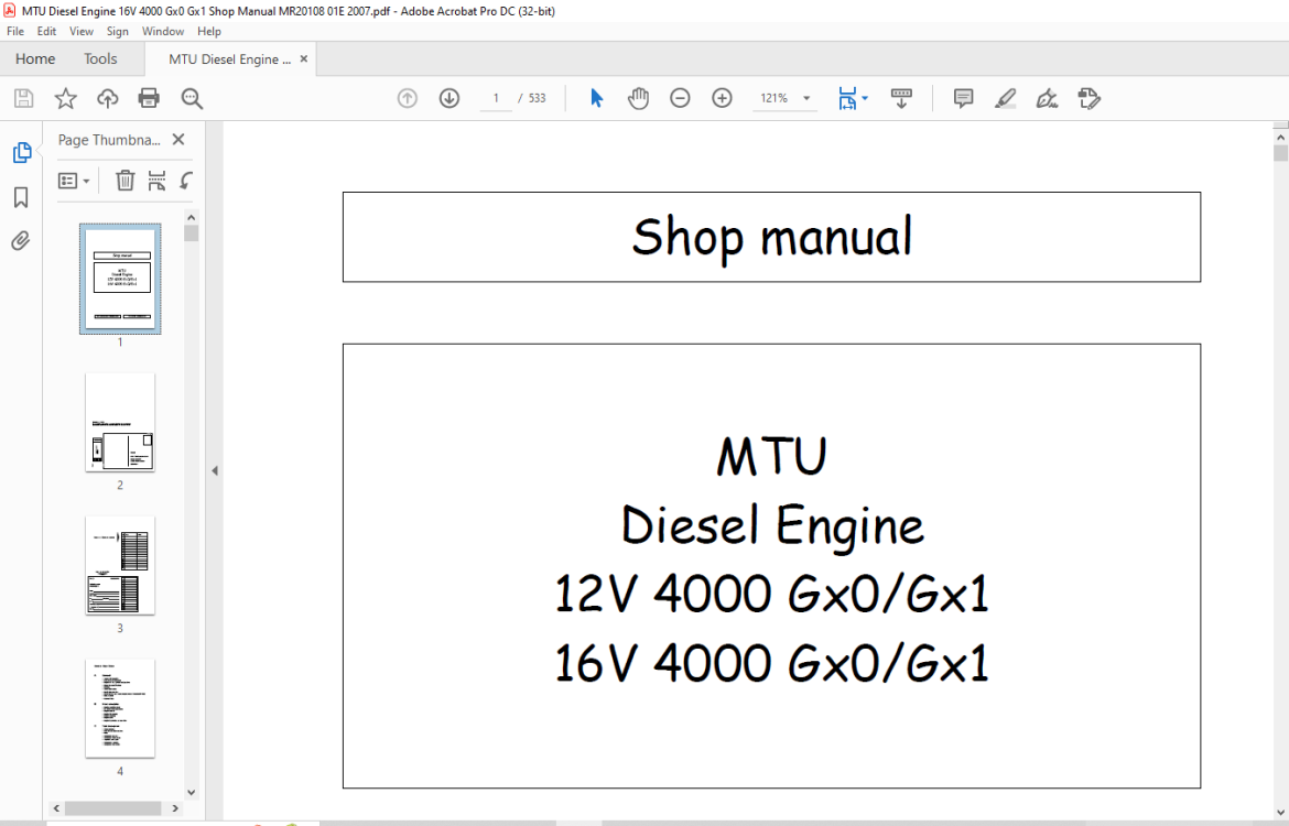 MTU Diesel Engine 12V 4000 Gx0 Gx1 16V 4000 Gx0 Gx1 Shop Manual MR20108 ...