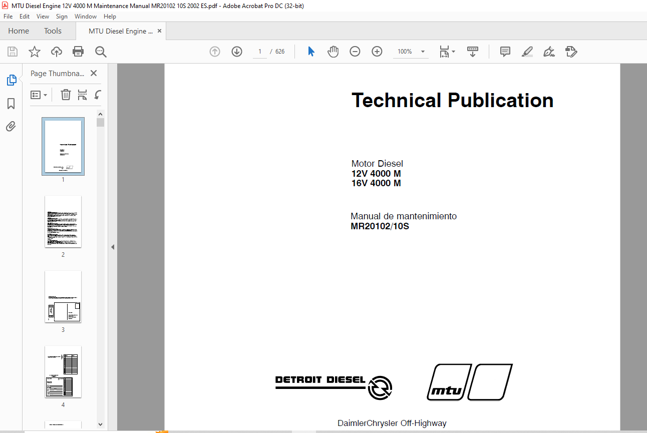 MTU Motor Diesel 12V 4000 M, 16V 4000 M Maintenance Manual MR20102-10S ...