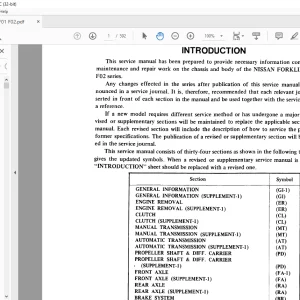 NISSAN FORKLIFT F01 & F02 Series Service Manual SM0E-F0S1G0 PDF DOWNLOAD