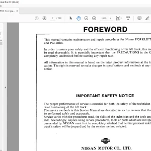 NISSAN FORKLIFT P01 & P02 Series Service Manual SM6E-P0TIG0 PDF DOWNLOAD