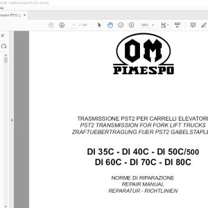 OM PIMESPO PST2 TRANSMISSION FOR FORK LIFT TRUCKS DI 35C - DI 40C - DI 50C 500 DI 60C - DI 70C - DI 80C REPAIR MANUAL - PDF DOWNLOAD