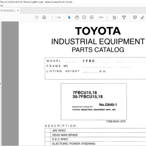 Toyota Forklift 7FBCU15 7FBCU18 30-7FBCU15 30-7FBCU18 Parts Catalog Manual G840-1 - PDF DOWNLOAD