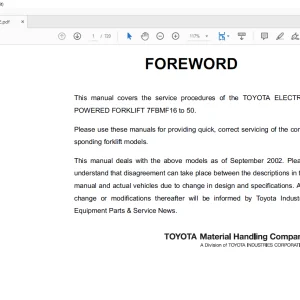 Toyota Forklift 7FBMF16 7FBMF18 7FBMF20 7FBMF25 7FBMF30 7FBMF35 7FBMF40 7FBMF45 7FBMF50 Service Manual PDF