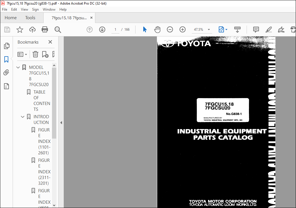 Toyota Forklift Fgcu Fgcu Fgcsu Parts Catalog Manual G