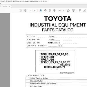 Toyota Forklift 7FGU35 7FGU45 7FGU60 7FGU70 7FGU80 7FGKU40 7FGAU50 7FGCU35 7FGCU45 7FGCU55 7FGCU60 7FGCU70 Parts Manual G839-2
