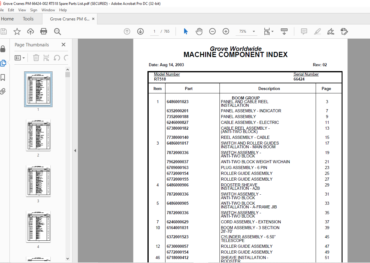 Grove Crane RT518 Spare Parts Manual SN 66424 - PDF DOWNLOAD ...