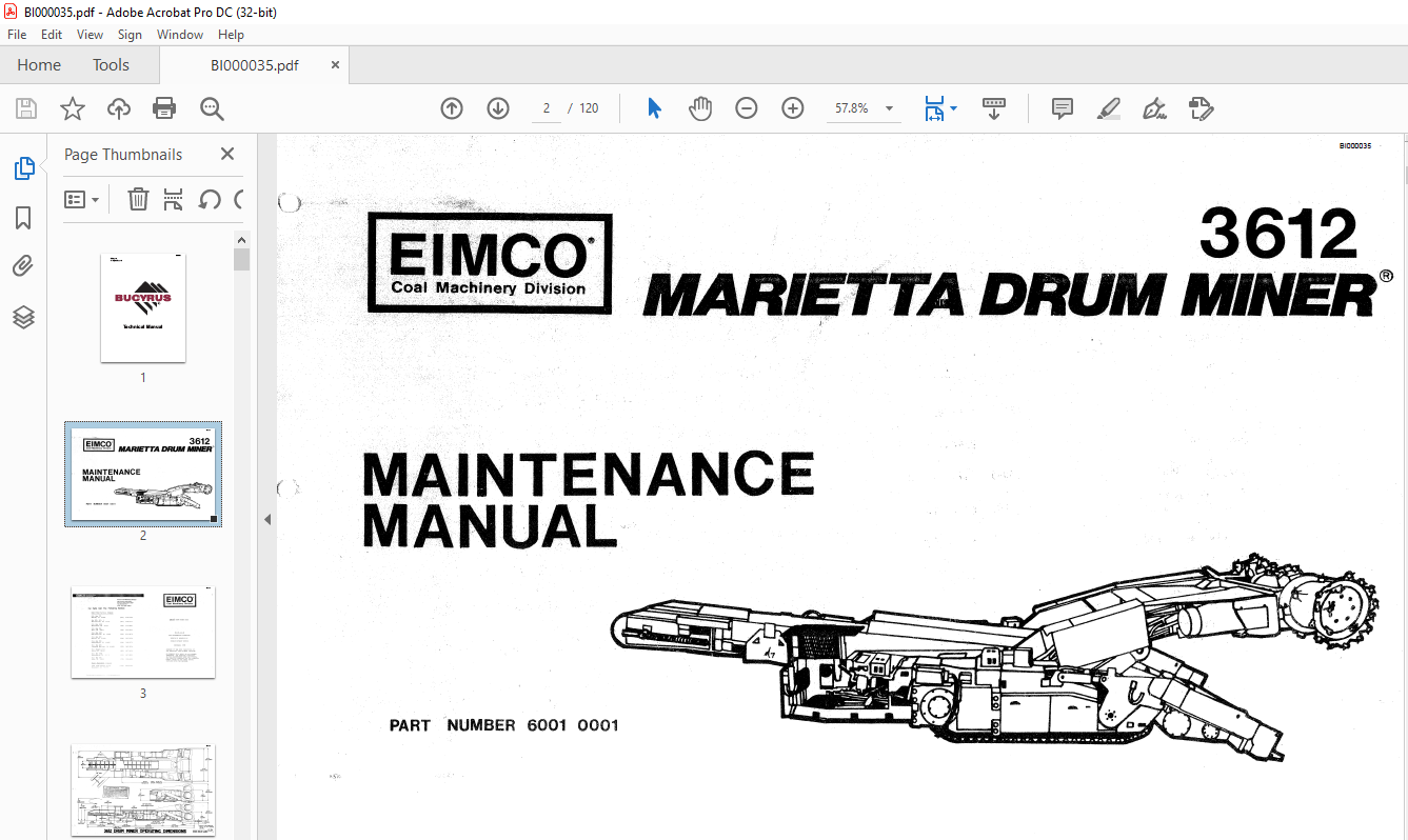 CAT Bucyrus 3612 Eimco Marietta Drum Miner Maintenance Manual BI000035 ...