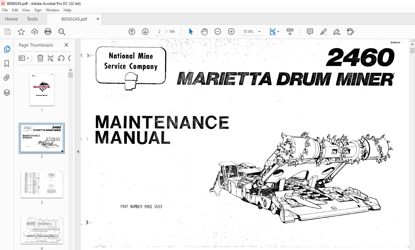 Cat Bucyrus Marietta 2460 Drum Miner Maintenance Manual PN 9901 5653 ...