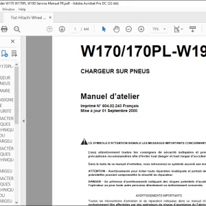 Fiat Hitachi CHARGEUR SUR PNEUS W170 170PL-W190 Manuel d’atelier  - PDF DOWNLOAD (French)