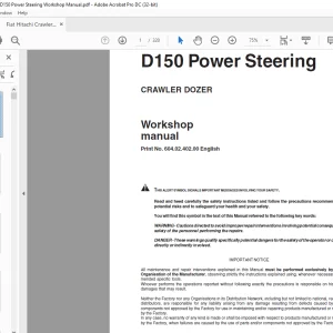 Fiat Hitachi CRAWLER DOZER D150 Power Steering Workshop Manual -  PDF DOWNLOAD