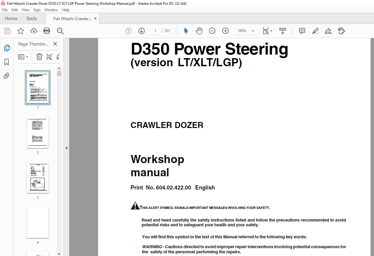 Fiat Hitachi Crawler Dozer D350 LT XLT LGP Power Steering Workshop Manual - PDF DOWNLOAD - Image 2