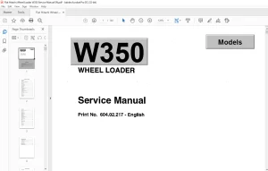 Fiat Hitachi Wheel Loader W350 Service Manual - PDF DOWNLOAD