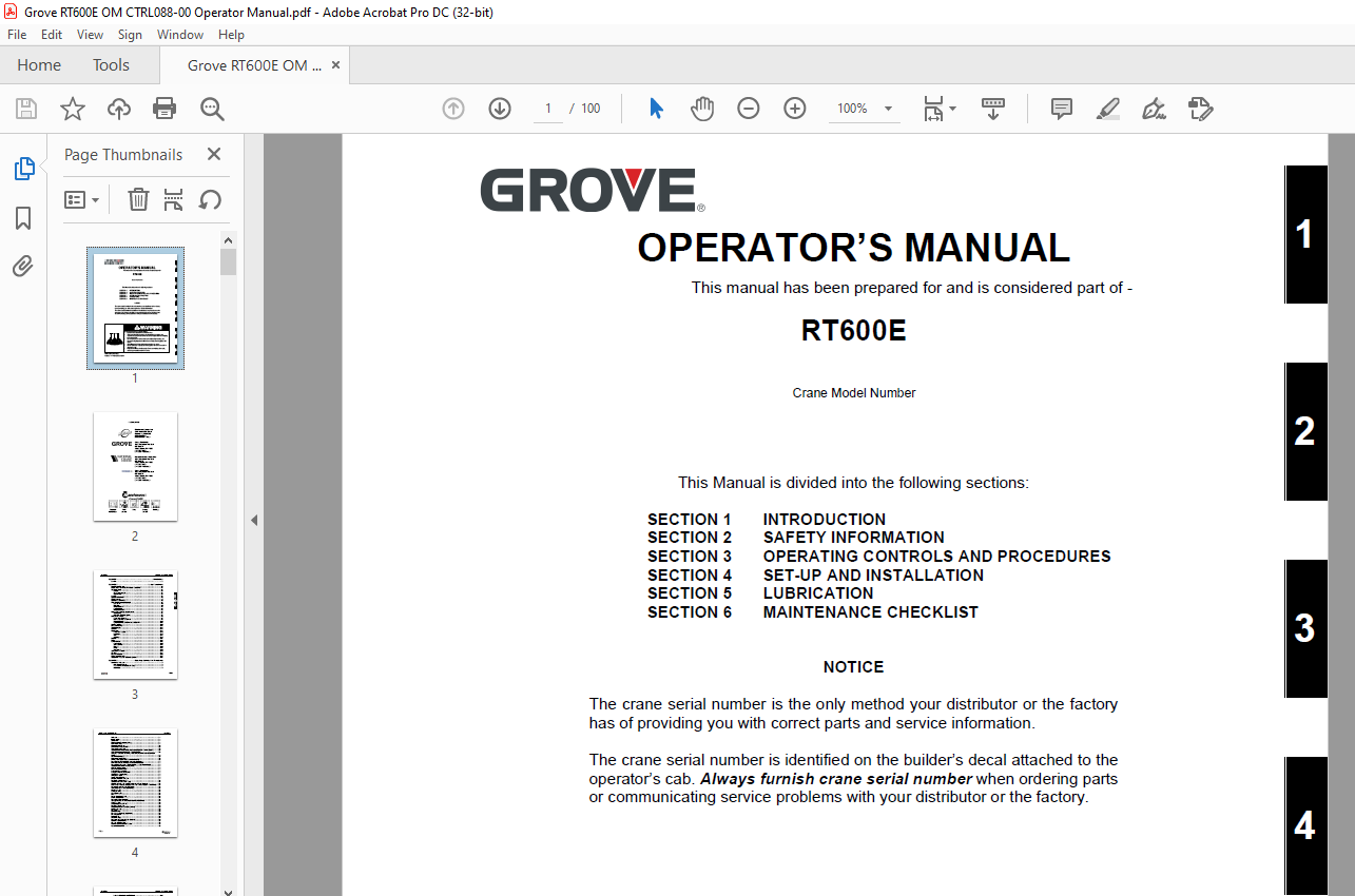 Grove Crane RT600E Operator's Manual 088-00 - PDF DOWNLOAD ...