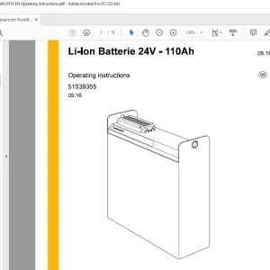 Jungheinrich Forklift Li-Ion Batterie 24V - 11 OAh Operating Instructions Manual 51539355  -  PDF DOWNLOAD
