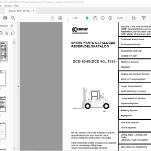 Kalmar DCD 40-80, DCD 90L 1999 Spare Parts Catalogue Manual 920936.0121 - PDF DOWNLOAD