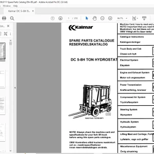 Kalmar Forklift Truck DC 5-8H TON Hydrostat Spare Parts Catalogue Manual 920936.0111 - PDF DOWNLOAD