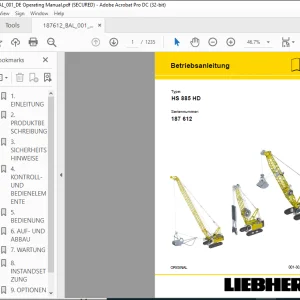 Liebherr Crawler Crane  HS 885 HD Betriebsanleitung Manual SN 187612 - PDF DOWNLOAD (GERMAN)
