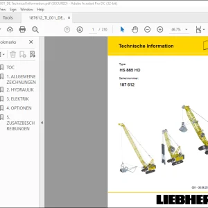 Liebherr Crawler Crane  HS 885 HD Technische Information Manual SN 187612 - PDF DOWNLOAD (GERMAN)