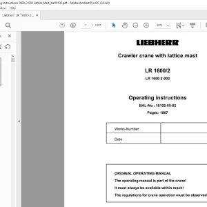 Liebherr LR 1600-2 Crawler Crane With Lattice Mast Operating Instruction Manual 1600-2-002 - PDF DOWNLOAD