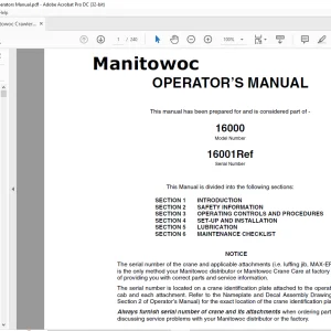 Manitowoc Grove Crane 16000 Operator's Manual SN 16001Ref - PDF DOWNLOAD