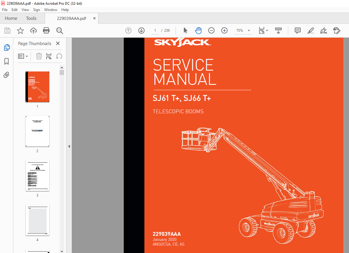 Skyjack SJ61 T+, SJ66 T+ Telescopic Booms Service Manual 229039AAA ...