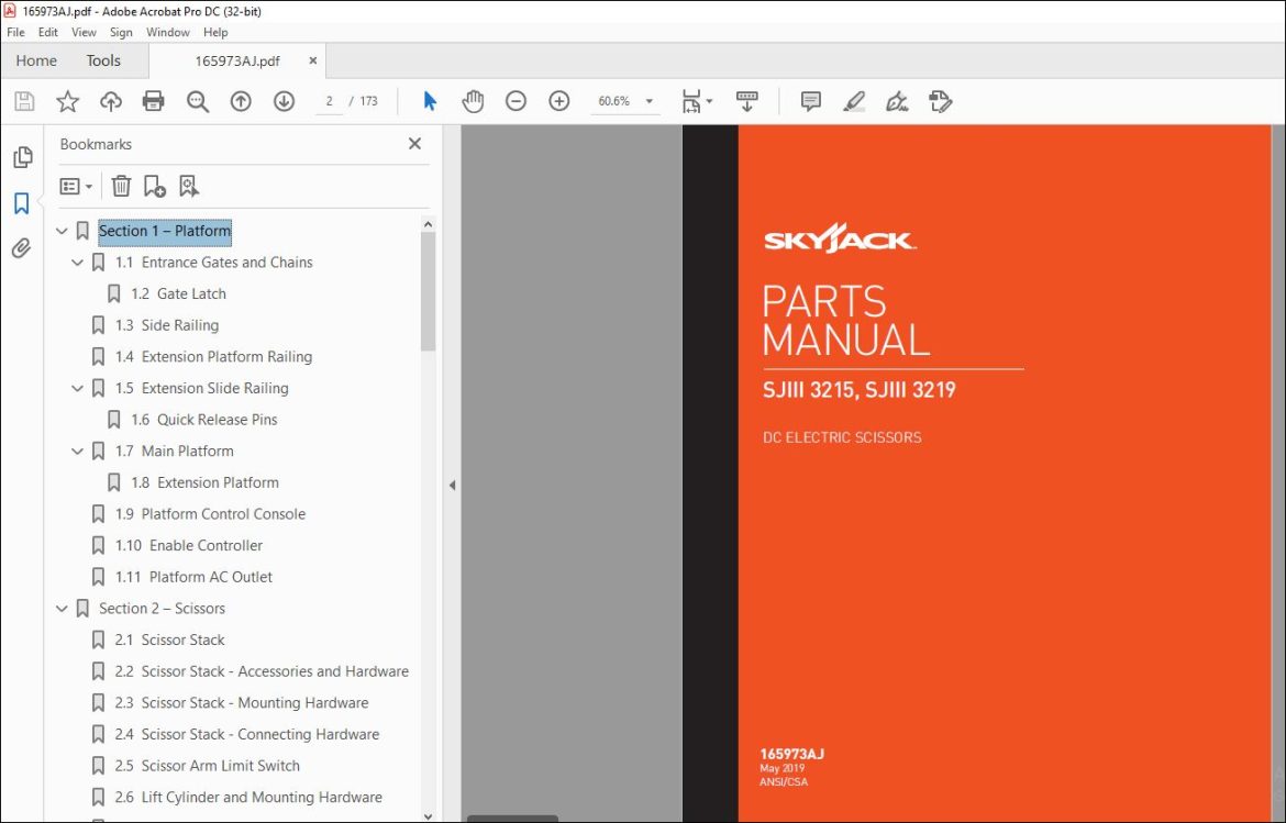 Skyjack SJIII 3215, SJIII 3219 DC Electric Scissors Parts Manual - PDF