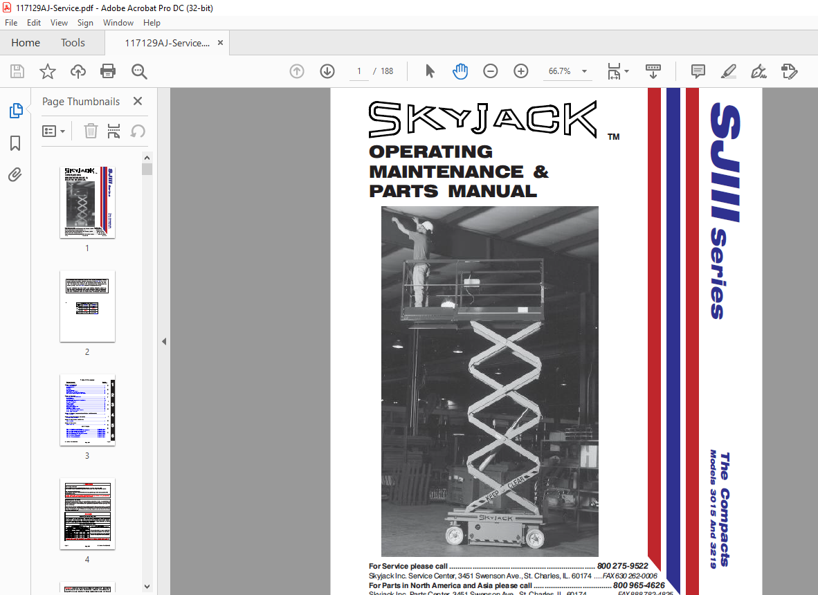 Skyjack SJIII Series 3015 & 3219 Operating Maintenance & Parts Manual