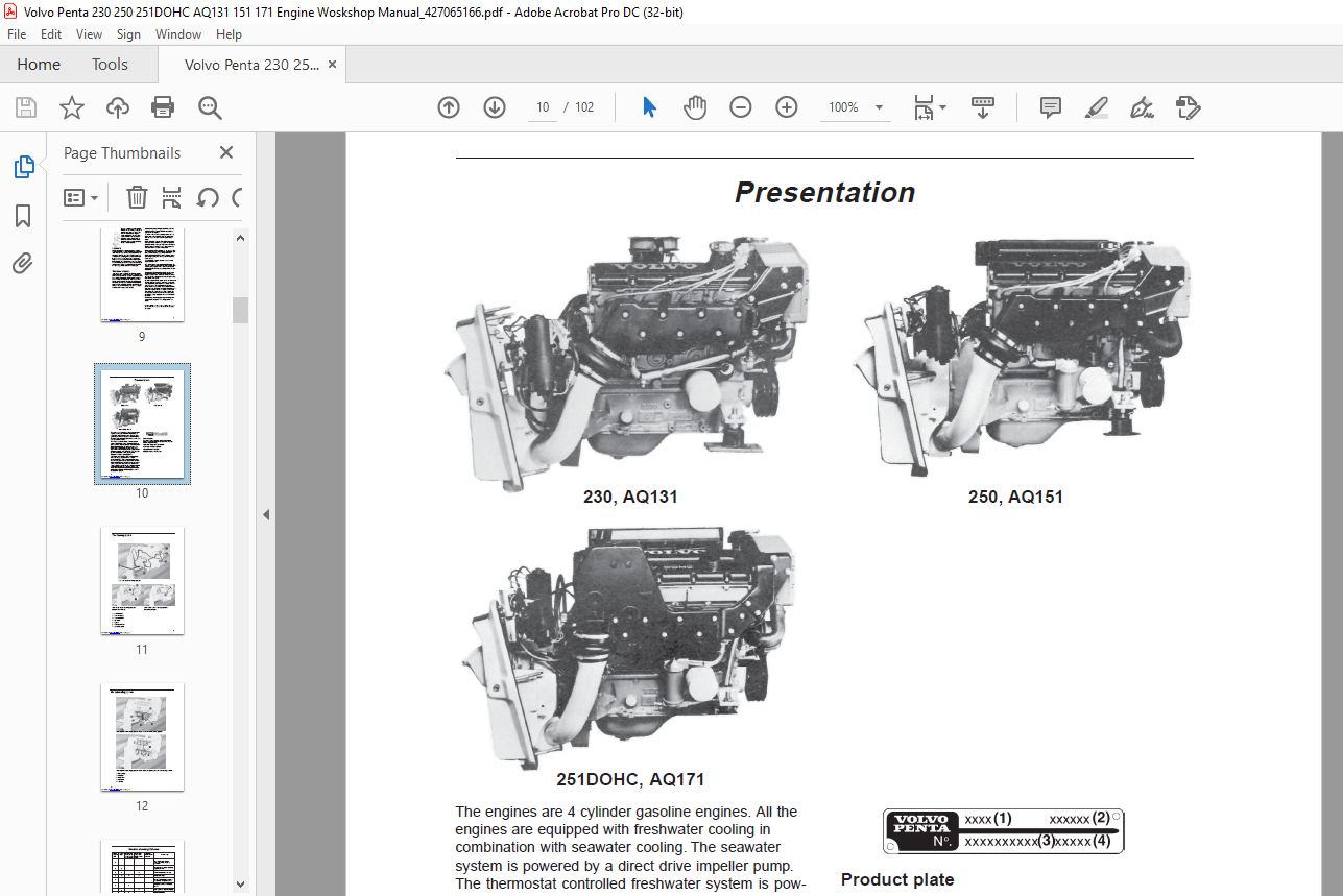 Volvo Penta 230, 250, 251DOHC AQ131, AQ151, AQ171 Engine Workshop ...