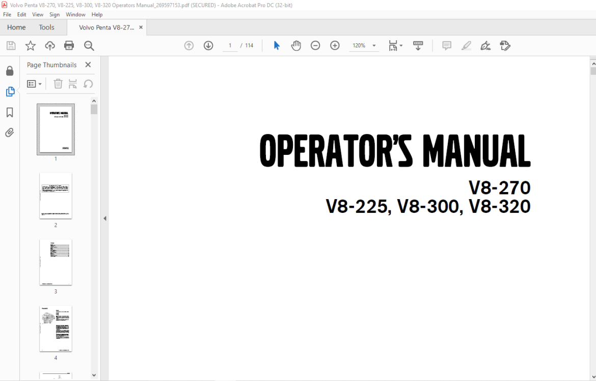 Volvo Penta V8-270 V8-225 V8-300 V8-320 Operator's Manual 269597153 ...