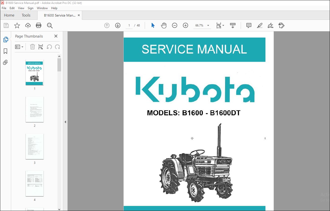 Kubota Tractor B1600 B1600DT Service Manual - PDF DOWNLOAD ...