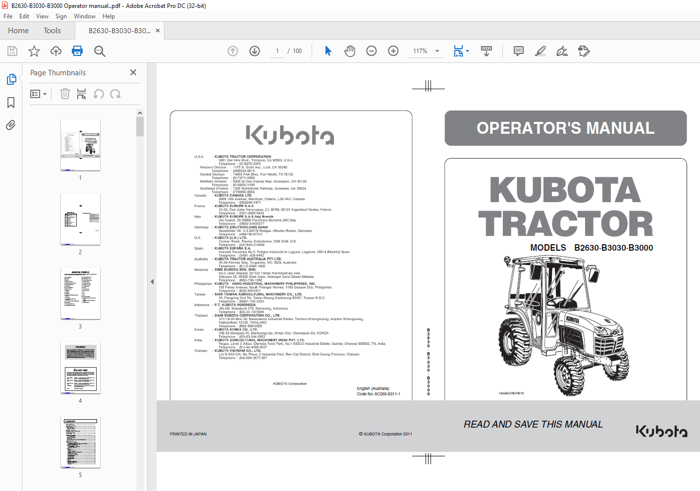 Kubota Tractor B2630·B3030·B3000 Operator's Manual - PDF DOWNLOAD ...