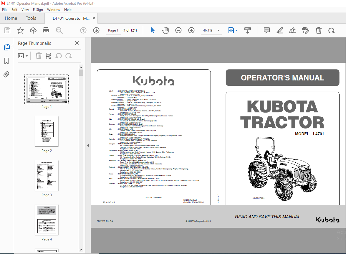 Kubota Tractor L4701 Operator