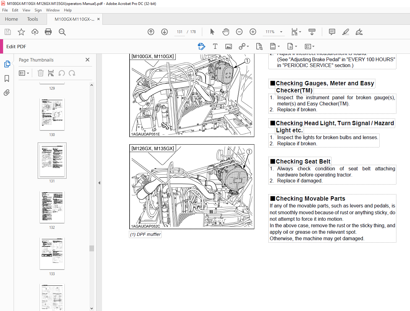 Kubota Tractor M100GX·M110GX M126GX·M135GX Operator's Manual 3Y206-9971 ...