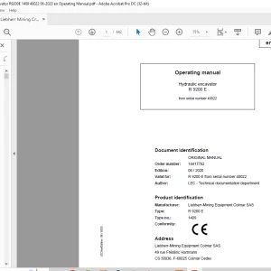 Liebherr Mining Crawler R 9200 E 1409 Hydraulic Excavator Operating Manual SN 40022 - PDF DOWNLOAD