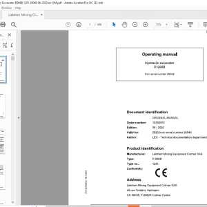 Liebherr Mining Crawler R 996B 1281 Hydraulic Excavator Operating Manual SN 26049 - PDF DOWNLOAD