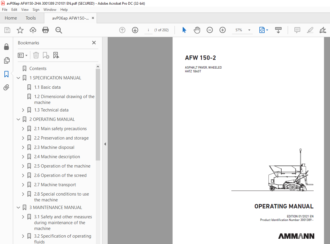 Ammann AFW 150-2 Asphalt Paver, Wheeled Operating Manual 3001389 PDF ...