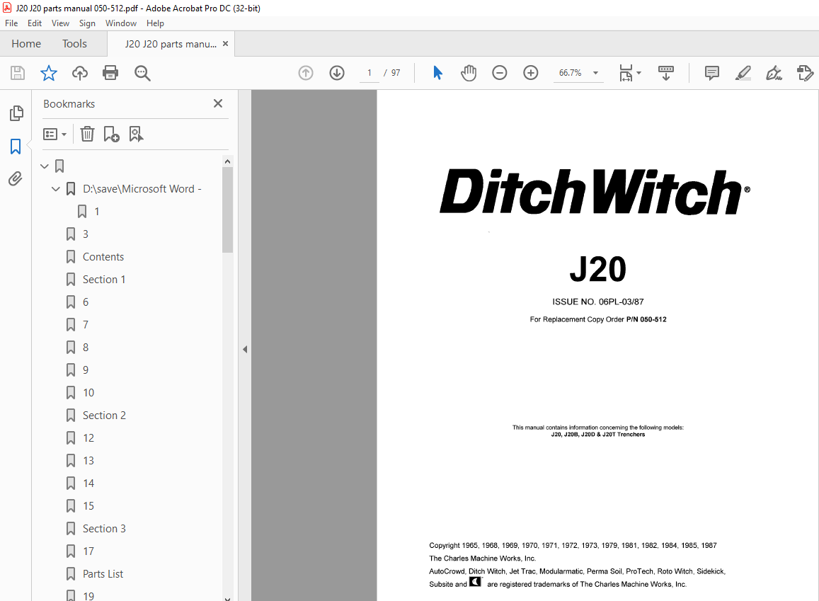 Ditch Witch J20, J20B, J20D & J20T Trenchers Parts Manual 050512 PDF