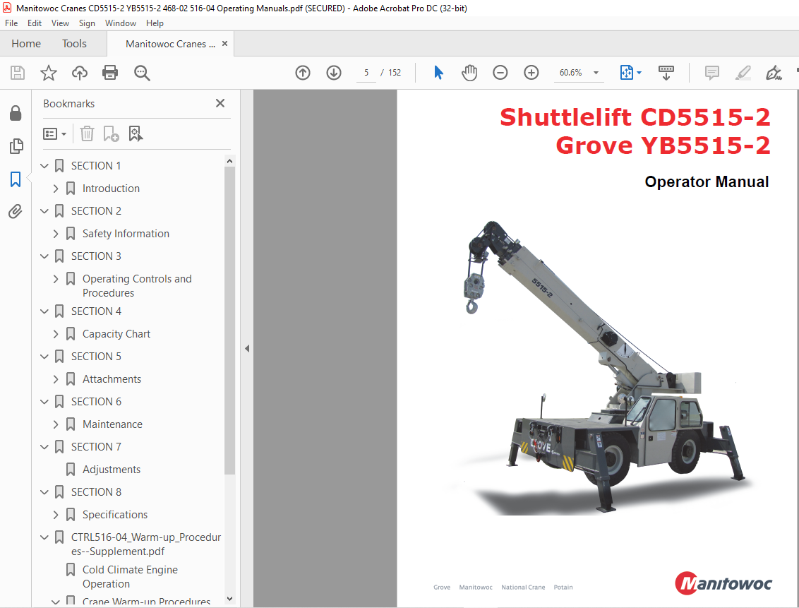 Manitowoc Crane Shuttlelift CD5515-2 Grove YB5515-2 Operator Manual ...