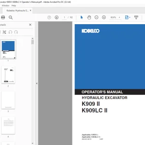 Kobelco K909 II K909LC II Hydraulic Excavator Operator's Manual PDF