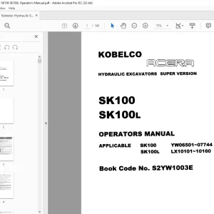 Kobelco SK100 SK 100L Hydraulic Excavator Operator's Manual PDF