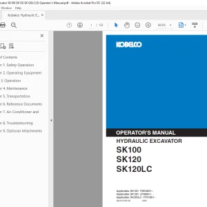 Kobelco SK100 SK120 SK120LC Hydraulic Excavator Operator's Manual PDF