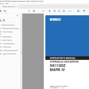 Kobelco SK115DZ Mark IV Hydraulic Excavator Operator's Manual PDF