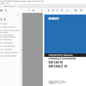 Kobelco SK130 IV SK130LC IV Hydraulic Excavator Operator's Manual PDF