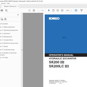 Kobelco SK200 III SK200 III  Hydraulic Excavator Operator's Manual PDF