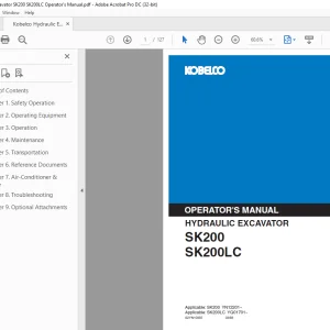Kobelco SK200 SK200LC Hydraulic Excavator Operator's Manual PDF