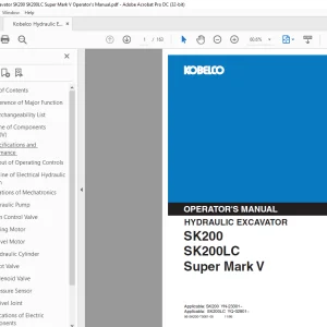 Kobelco SK200 SK200LC Super Mark V Excavator Operator's Manual PDF
