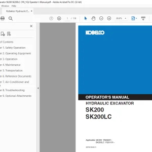 Kobelco SK200 SK200LC Hydraulic Excavator Operator's Manual PDF