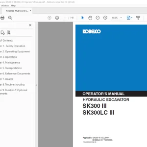 Kobelco SK300 III SK300LC III Hydraulic Excavator Operator's Manual PDF
